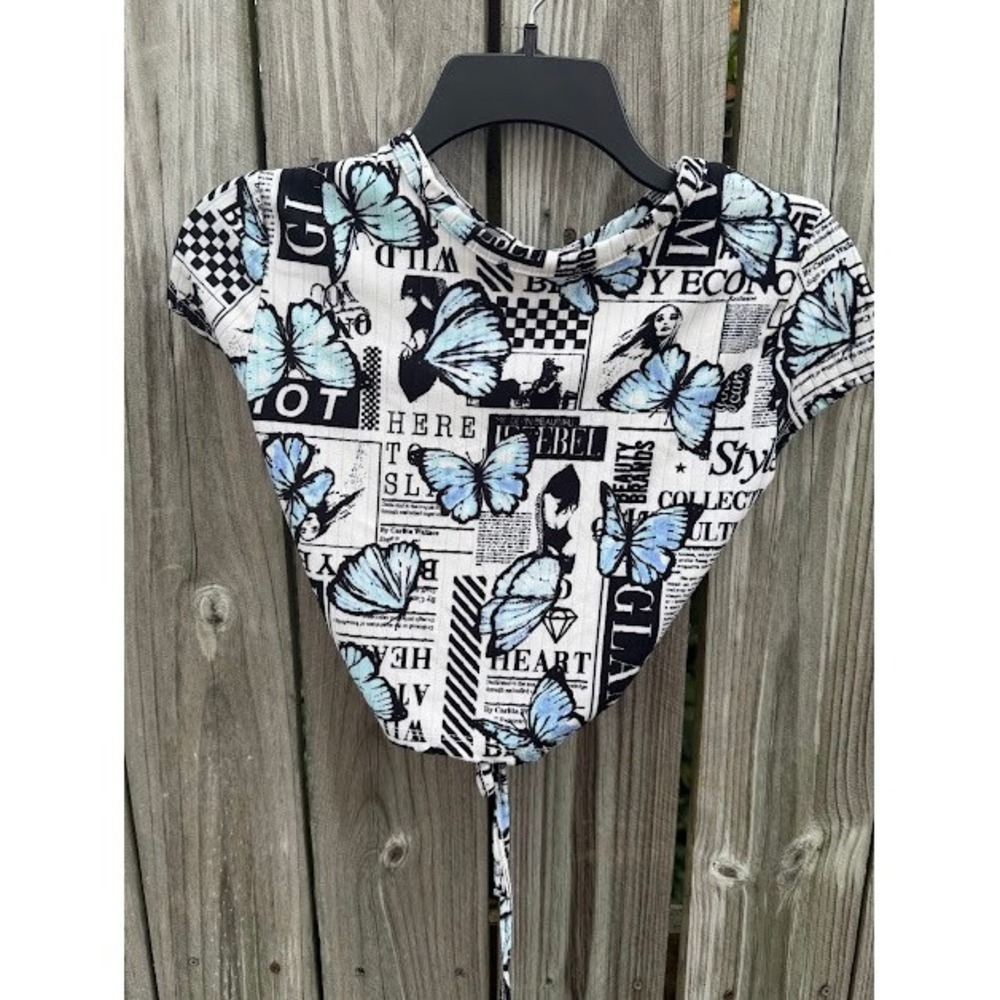 Y2K Grunge Fairycore Rue21 Butterfly Newspaper Print Crop Top M Blue Tie Back